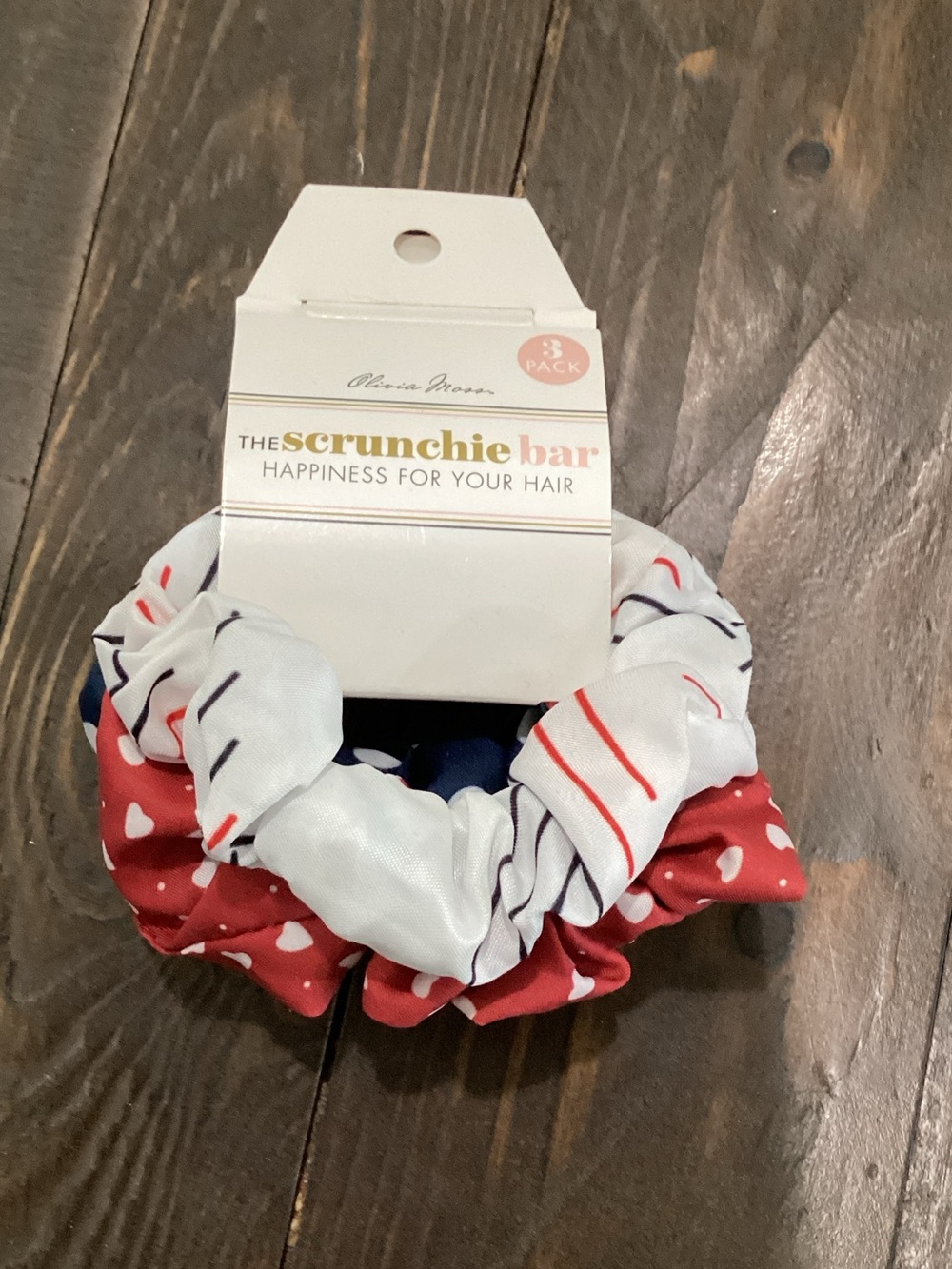 3-Pack Red, White & Navy Heart & Stripe Scrunchies